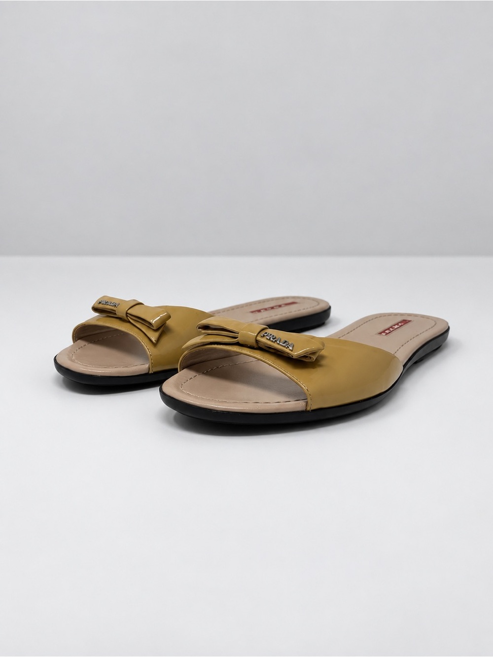 Prada Rich Mustard Yellow Leather Patent Leather Bow Slide Sandals 38
